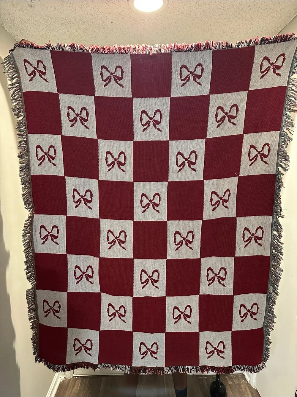Festive Red and Cream Bow Throw Blanket Home Holiday